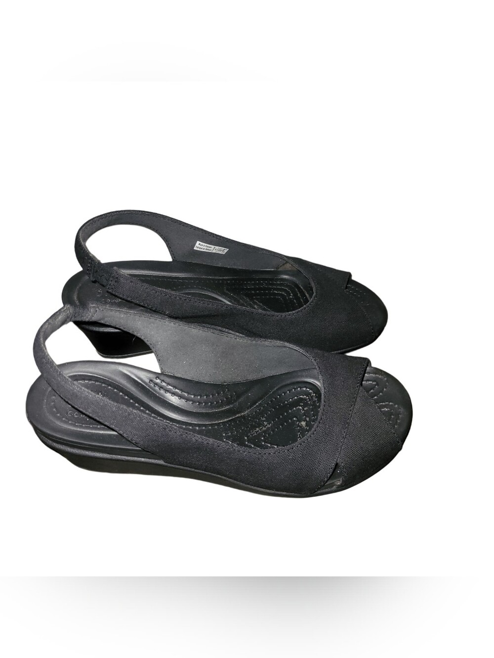 Crocs Leigh Ann Black Canvas Slingback Peep-Toe Wedge Sandals Size 6W - Picture 3 of 6